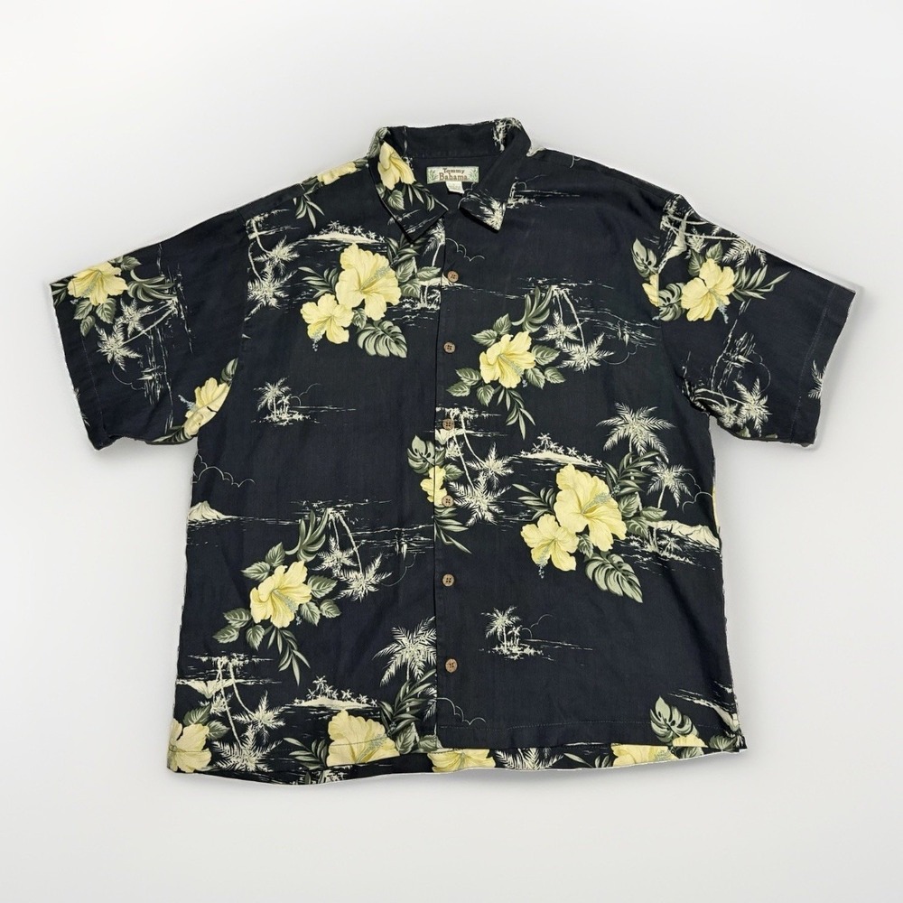 Vintage Tommy Bahama Silk Hawaiian Shirt Black Size Large Y2K Beachwear Aloha